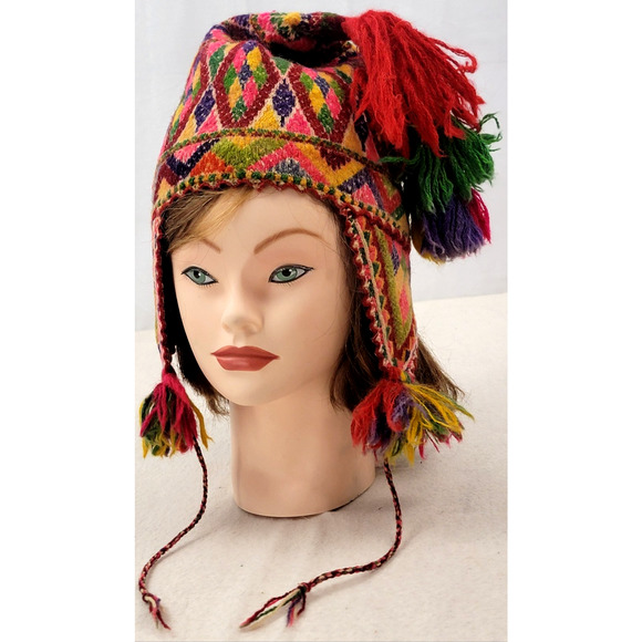Vintage Handwoven Andean Wool Chullo Hat Earflaps & Tassels - Picture 1 of 12